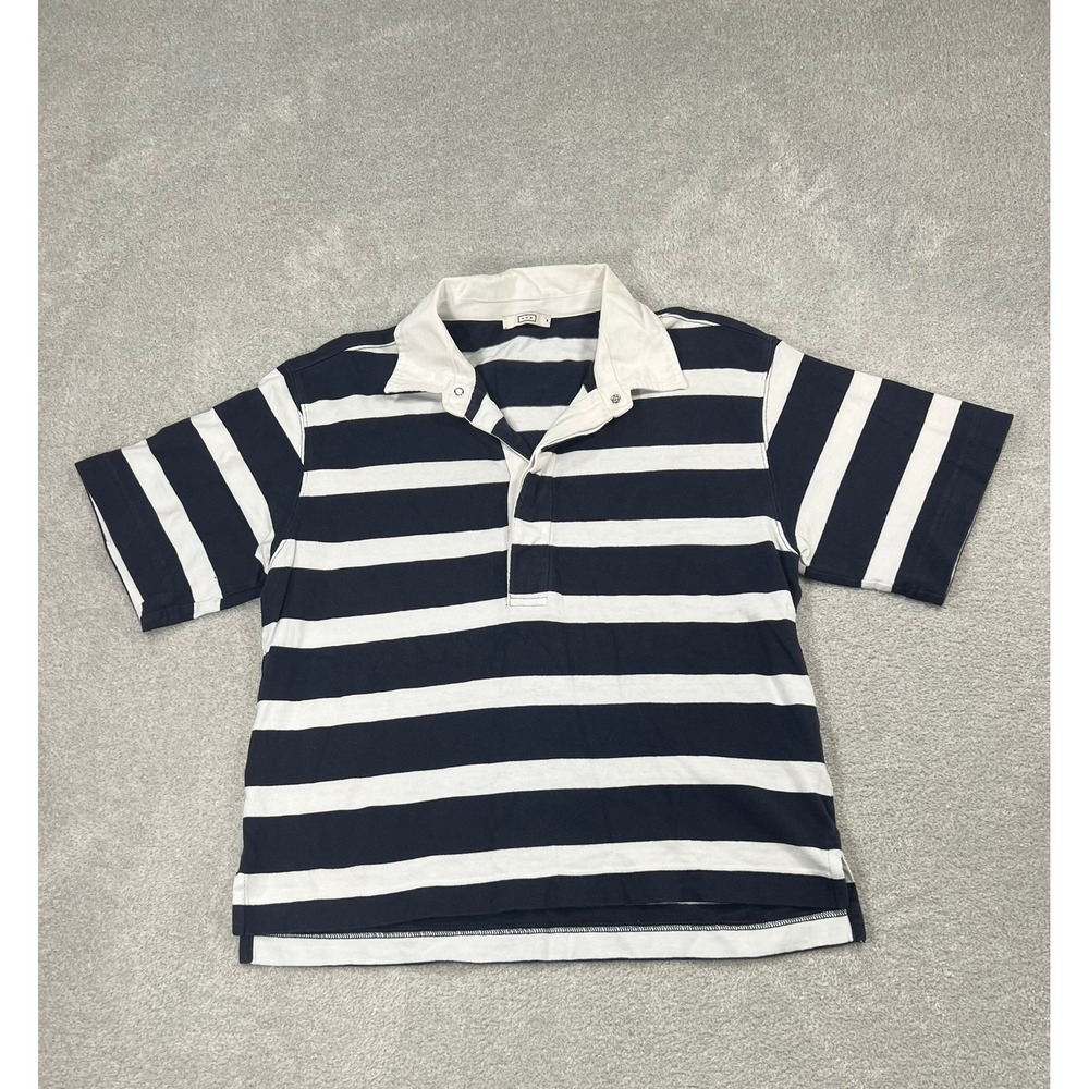 AYR The Rug Rugby Shirt Medium Navy Blue White Striped Short Sleeve Cotton